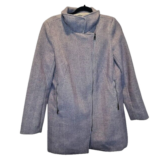 LOFT Lilac Wool Blend Pea Coat Jacket Herringbone Asymmetric Zip Pockets Small - Picture 1 of 11